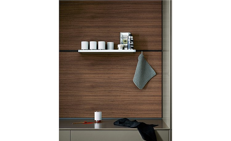 Functional wood rear wall with stainless steel shelf and hook