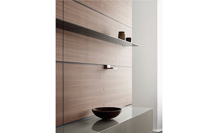 Functional wood rear wall with stainless steel shelf and stainless steel top layer
