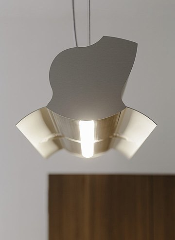 Organisch geformter Dunstabzug aus Edelstahl mit Lichtquelle, durch einfache  Aufhängung frei im Raum positionierbar