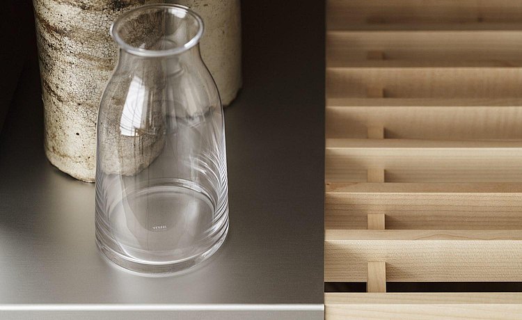 Contrast created with a combination of wooden gridded shelves and aluminum shelves