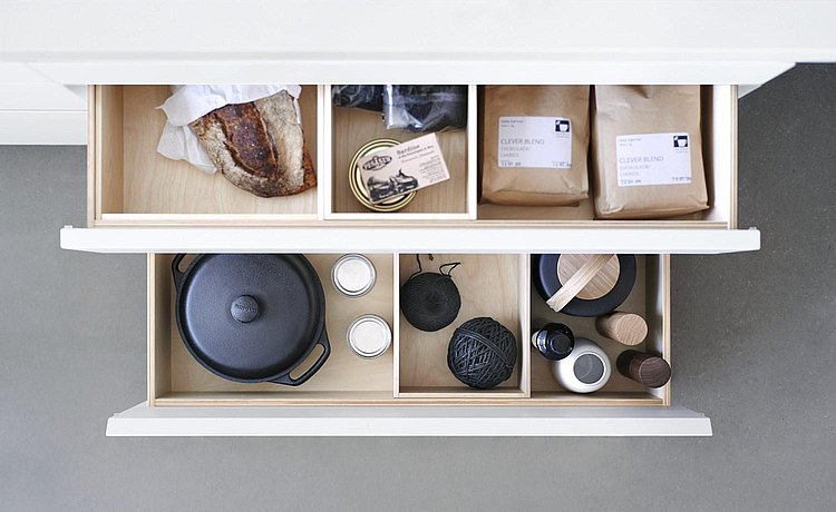Warmth on the inside: wooden drawers with organization system. Link: Available organization elements for b1 